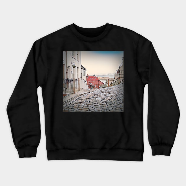 Whitby town cobbled streets and seaview Crewneck Sweatshirt by stuartchard